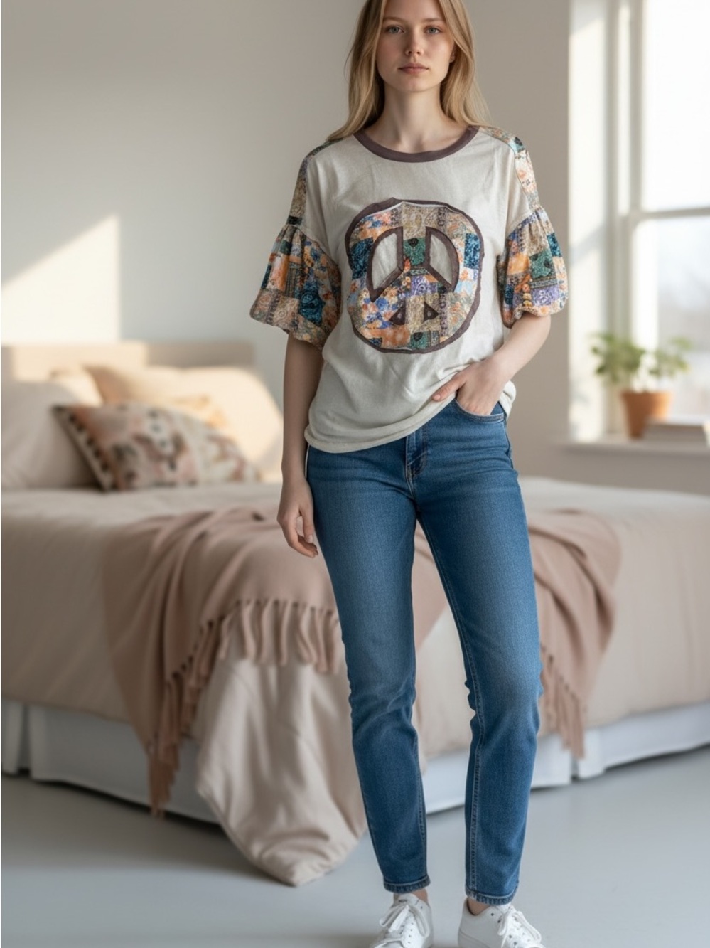 Boho Patchwork Peace Sign Short Sleeve Tee - Cream - Picture 3 of 12